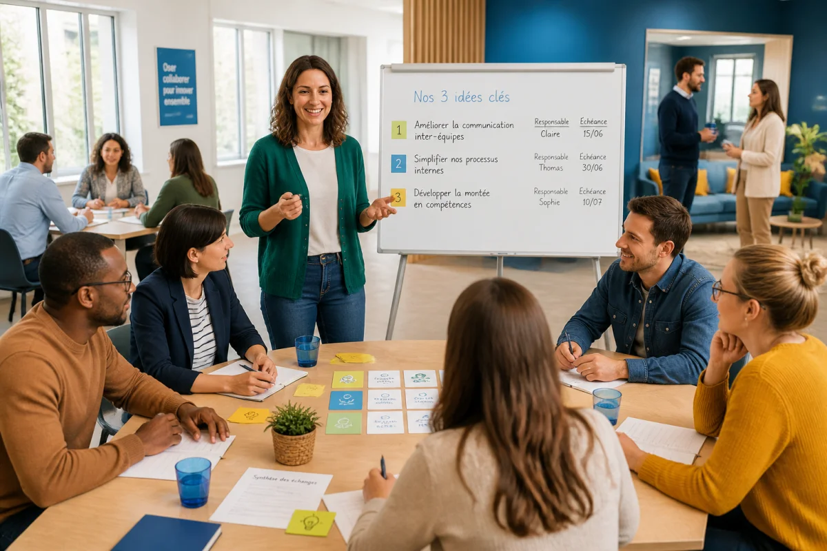 Professionnels réunis en séminaire d’entreprise, avec une animatrice présentant une activité de décision collective.
