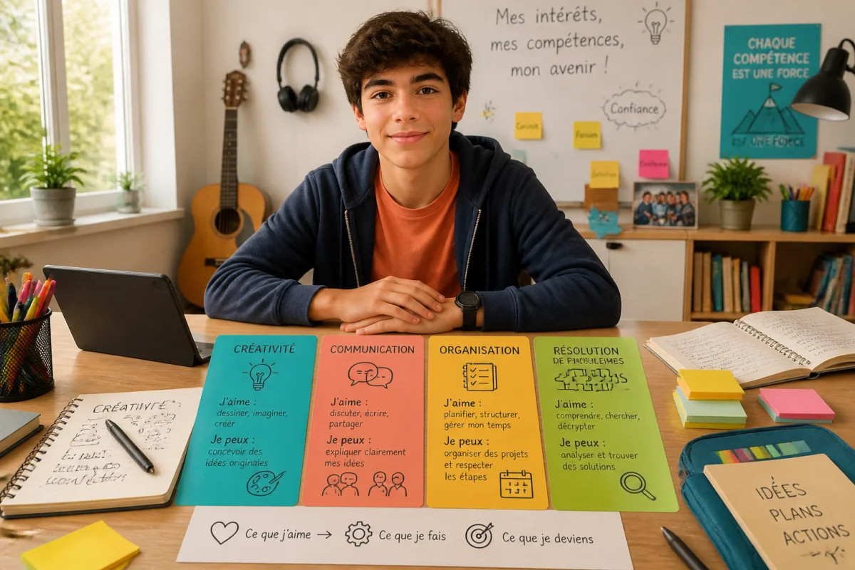 Adolescent explorant son orientation scolaire et les m&eacute;tiers d&rsquo;avenir avec des fiches color&eacute;es sur ses comp&eacute;tences et centres d&rsquo;int&eacute;r&ecirc;t