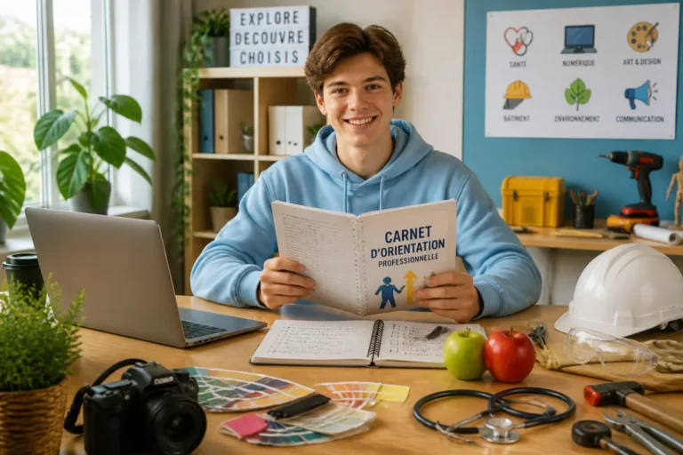 Jeune étudiant souriant consultant un carnet d’orientation scolaire, entouré d’objets représentant différents métiers d’avenir