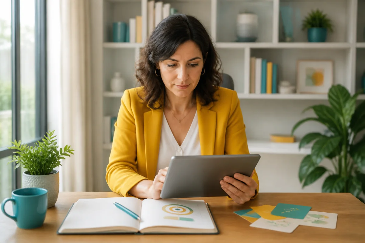 Professionnelle consultant Oselia Pro sur tablette, carnet ouvert pour d&eacute;finir un objectif et planifier une action.