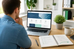Personne consultant Oselia Pro sur ordinateur, carnet ouvert avec notes structurées et prochaines étapes dans un bureau lumineux