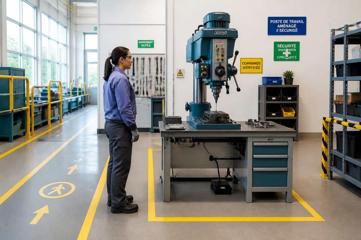 Pr&eacute;vention des accidents en entreprise dans un atelier s&eacute;curis&eacute;, avec poste organis&eacute;, marquages au sol et &eacute;quipements accessibles