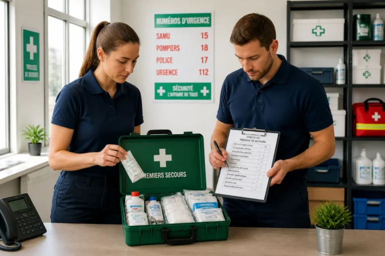Employés contrôlant une trousse de secours avec checklist, illustrant la prévention des accidents en entreprise au quotidien