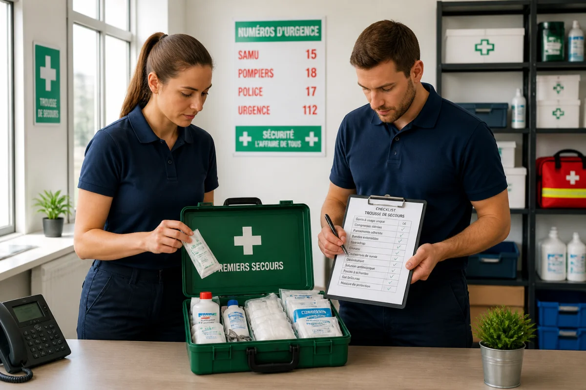 Employ&eacute;s contr&ocirc;lant une trousse de secours avec checklist, illustrant la pr&eacute;vention des accidents en entreprise au quotidien