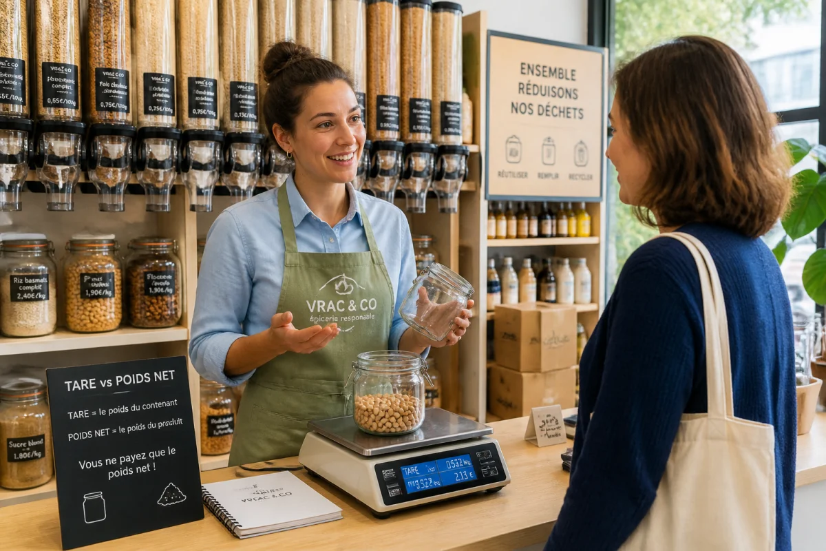 Employ&eacute;e expliquant la pes&eacute;e &agrave; un client dans une &eacute;picerie sp&eacute;cialis&eacute;e en recrutement en magasin vrac