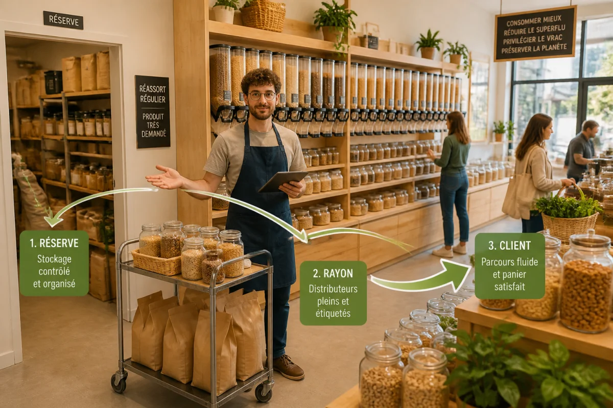 Employ&eacute; d&rsquo;un magasin vrac organisant le r&eacute;assort d&rsquo;un produit demand&eacute; entre r&eacute;serve, rayon et client