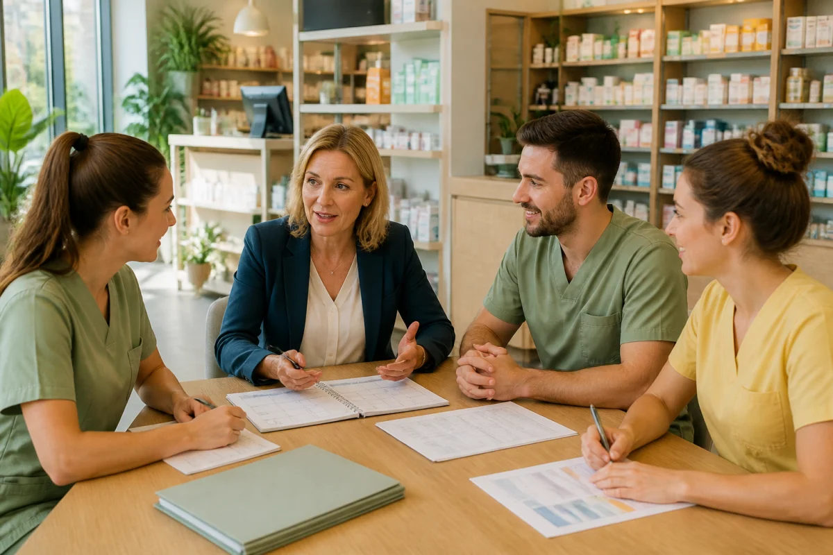&Eacute;quipe officinale organisant le recrutement en pharmacie autour d&rsquo;un planning, de fiches de poste et d&rsquo;un dossier de transmission
