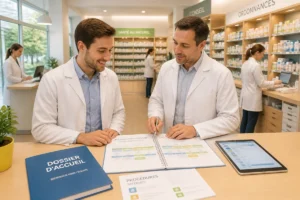 Intégration d’un nouveau collaborateur en pharmacie officinale aux côtés du responsable autour d’un planning d’accueil