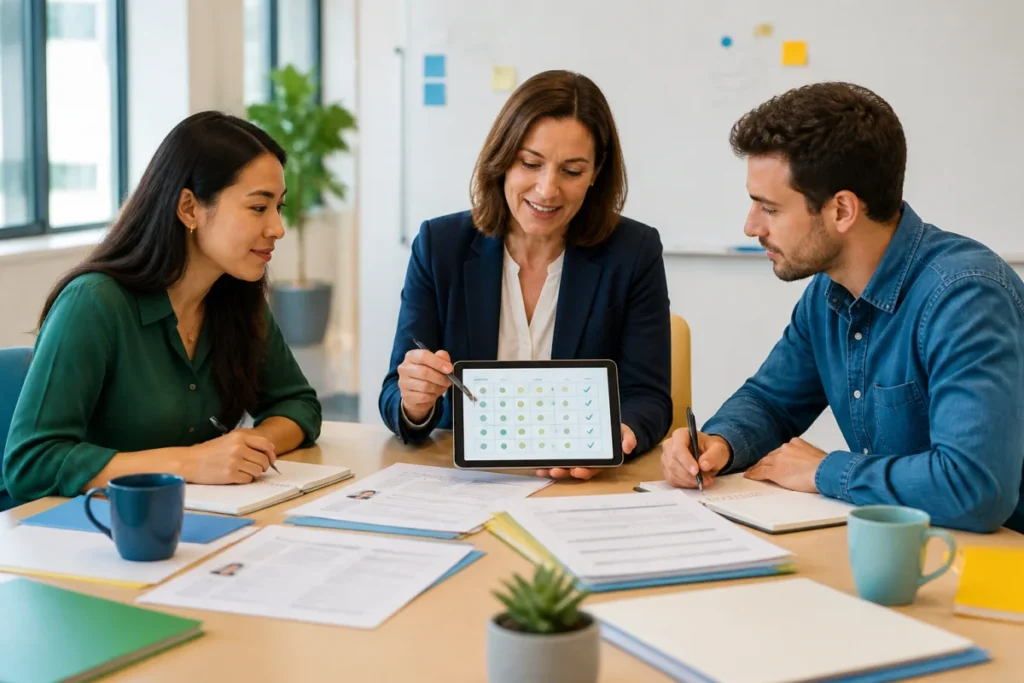 Responsable RH et candidats évaluant une grille de compétences pour réussir le recrutement en entreprise