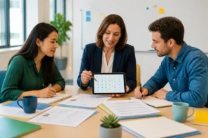 Responsable RH et candidats évaluant une grille de compétences pour réussir le recrutement en entreprise