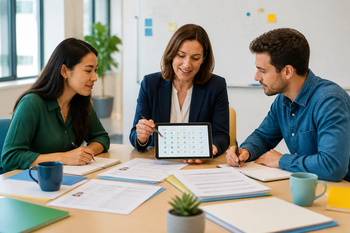 Responsable RH et candidats évaluant une grille de compétences pour réussir le recrutement en entreprise