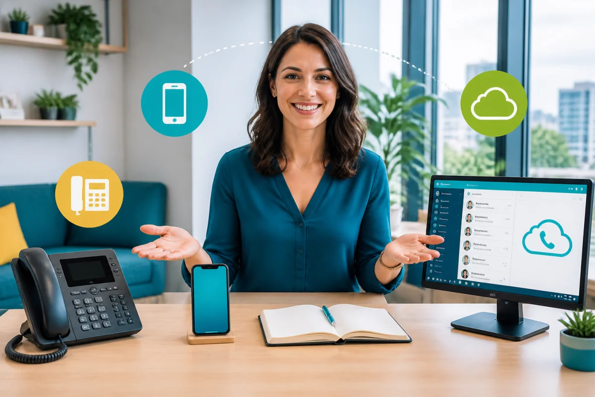 Professionnelle pr&eacute;sentant trois solutions de t&eacute;l&eacute;phonie d&rsquo;entreprise : t&eacute;l&eacute;phone fixe, smartphone et communication cloud