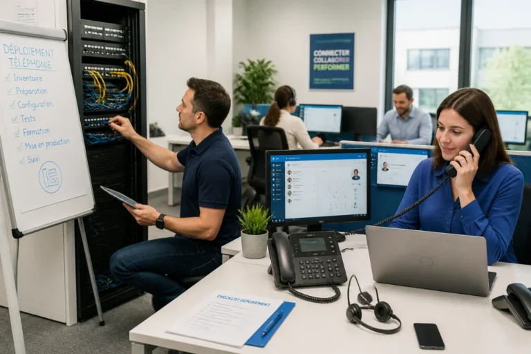 Équipe informatique préparant le déploiement d’une solution de téléphonie d’entreprise dans un bureau moderne et lumineux