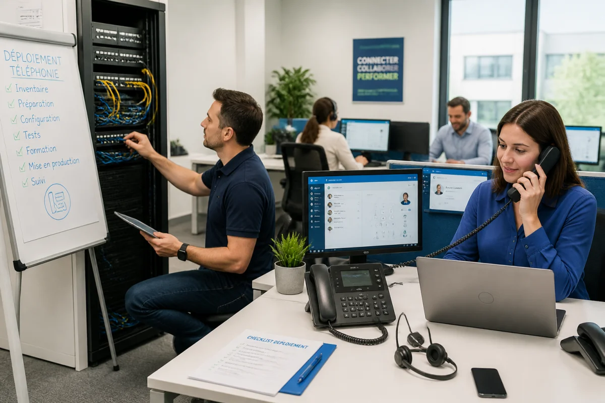 &Eacute;quipe informatique pr&eacute;parant le d&eacute;ploiement d&rsquo;une solution de t&eacute;l&eacute;phonie d&rsquo;entreprise dans un bureau moderne et lumineux
