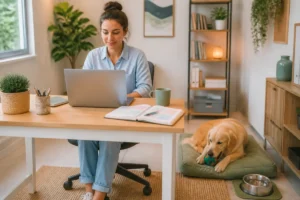 Télétravail et organisation à domicile avec ordinateur, agenda ouvert et chien installé dans un bureau lumineux et ordonné