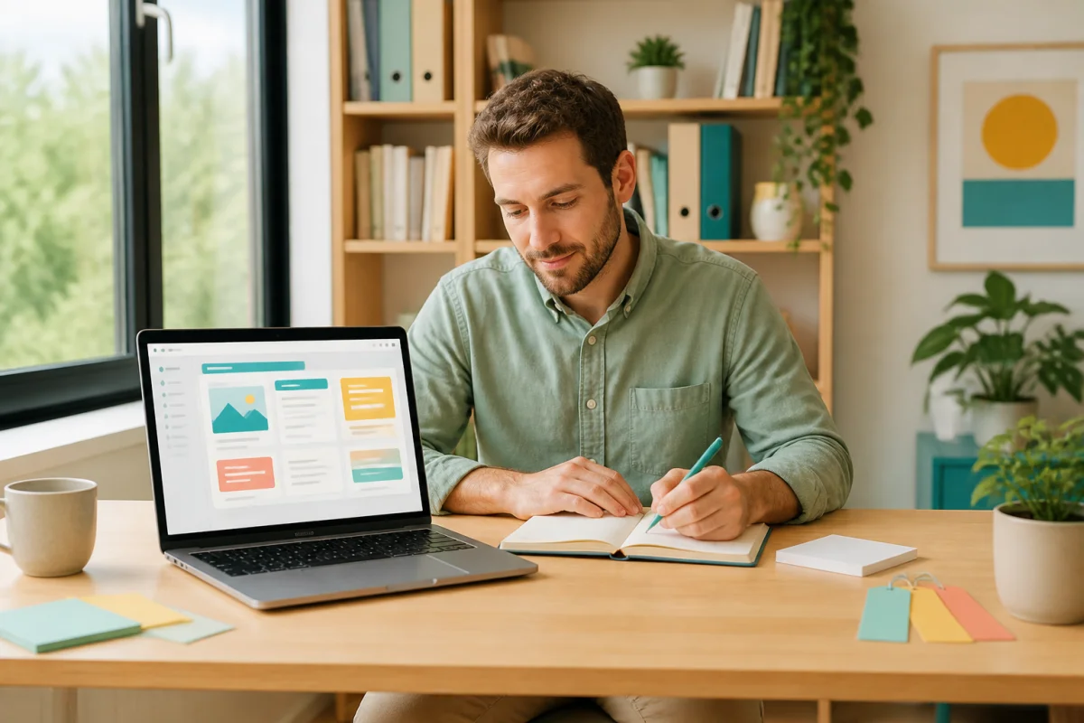 Adulte consultant une plateforme sur ordinateur et notant des actions li&eacute;es &agrave; Total Immersion dans un carnet, espace lumineux