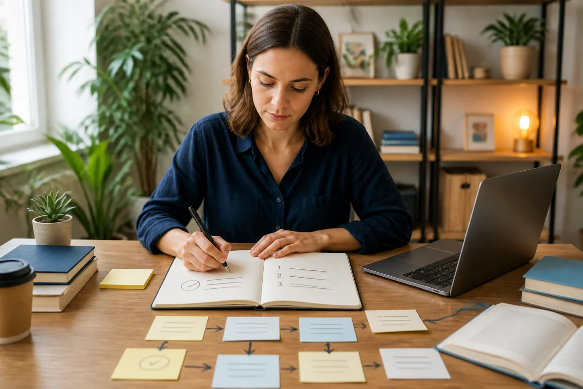 Personne concentr&eacute;e r&eacute;digeant une intention et trois objectifs dans un carnet, symbole de la m&eacute;thode Total Immersion